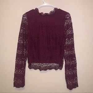 Miss Chievous Wine Long Sleeve Lace Detail Blouse